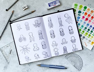 Logo Character Sketching agency animal logo brand branding colors drawing icon iconography illustration logo logo design logo design branding logo designs marketing ocean octopus pencil sea animal sketch sketching
