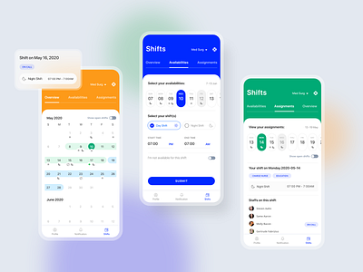 Scheduling and Staffing App app application blue calendar green orange schedule shift staff tab tab bar ui ux xd