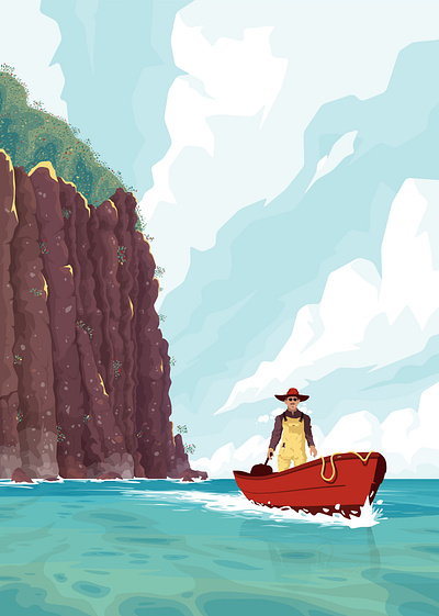 Lone rider boat character fisherman flat illustration lagoon sea vector