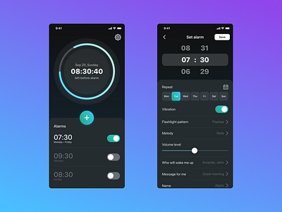 Alarm Clock Dark Theme app daily design gradient ui uxui
