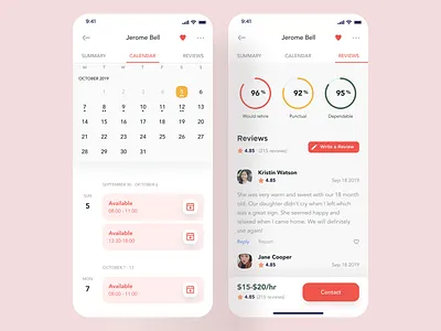 Maid App 03 appcalendar appdesign appkit applicationdesign appmockup appreview calendar hybridappdesign ios iosmockup maidapp maidfinding maidprofile mobile ui mobileapp mobileappdesign reviewsystem uiux