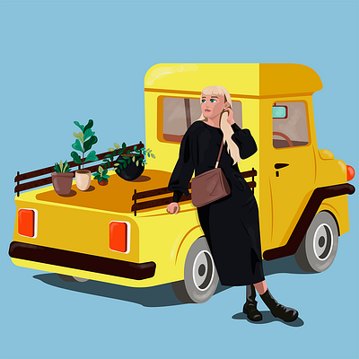 Yellow truck flowers girl illustration photoshop truck vector