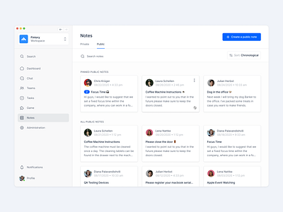 Public Notes Board ✍️ app design application cards clean ui design desktop fintory interface modules ui ux