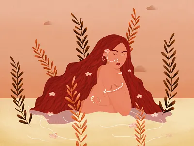 Peaceful woman 2d alone bathing beautiful character character design curly hair illustration indian lady naked peaceful pretty red hair river swimming tattoo vector water woman
