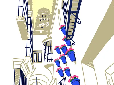 Andalusian street. Poble Espanyol architecture illustration lineart white