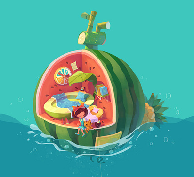 Fruit Home cartoon cat character fruit girl green house illustration leaf life peach pineapple sea summer watermelon