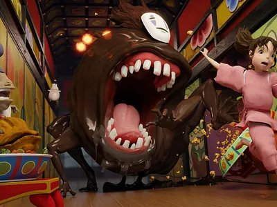 No Face chase scene from Spirited Away 3d illustration