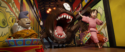 No Face chase scene from Spirited Away 3d illustration