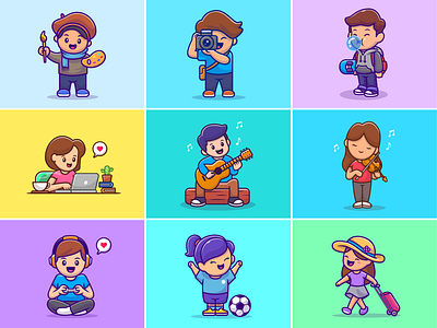 people hobbies 🎨📸🎻🎸🎮💻⚽ camera game gamer guitar hobby icon illustration laptop logo music painter people photographer profession skateboard skater soccer technology travelling violin