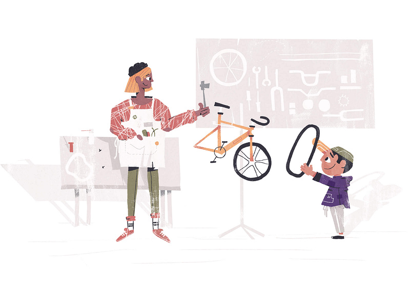 Support bicycle character child children help helper helping illustration indie interaction shop woman
