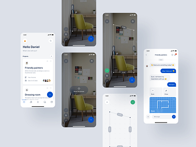 Mobile app ar architecture card cards chat dashboard design interface interior message minimal mobile overview product scan scanner ui ux workspace