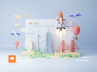 Hitting Orbit 3d 3d art air balloon blender blender3d city city branding city illustration cityscape diorama illustration isometric isometric design isometric illustration low poly paper plane plane shuttle space shuttle spacex