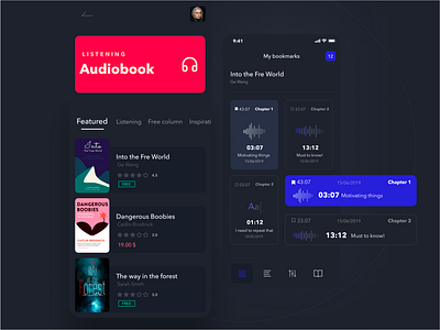 Audiobook Mobile App audio app audio player audiobook audioplayer bookmarks books clean ui clean ui ux dark ui design listening minimalistic mobile app mobile app design mobile ui reading ui ui ux ux