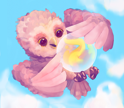 Tiny owly magic feather fireball flying game illustration magic mobile owl pink tiny wisard