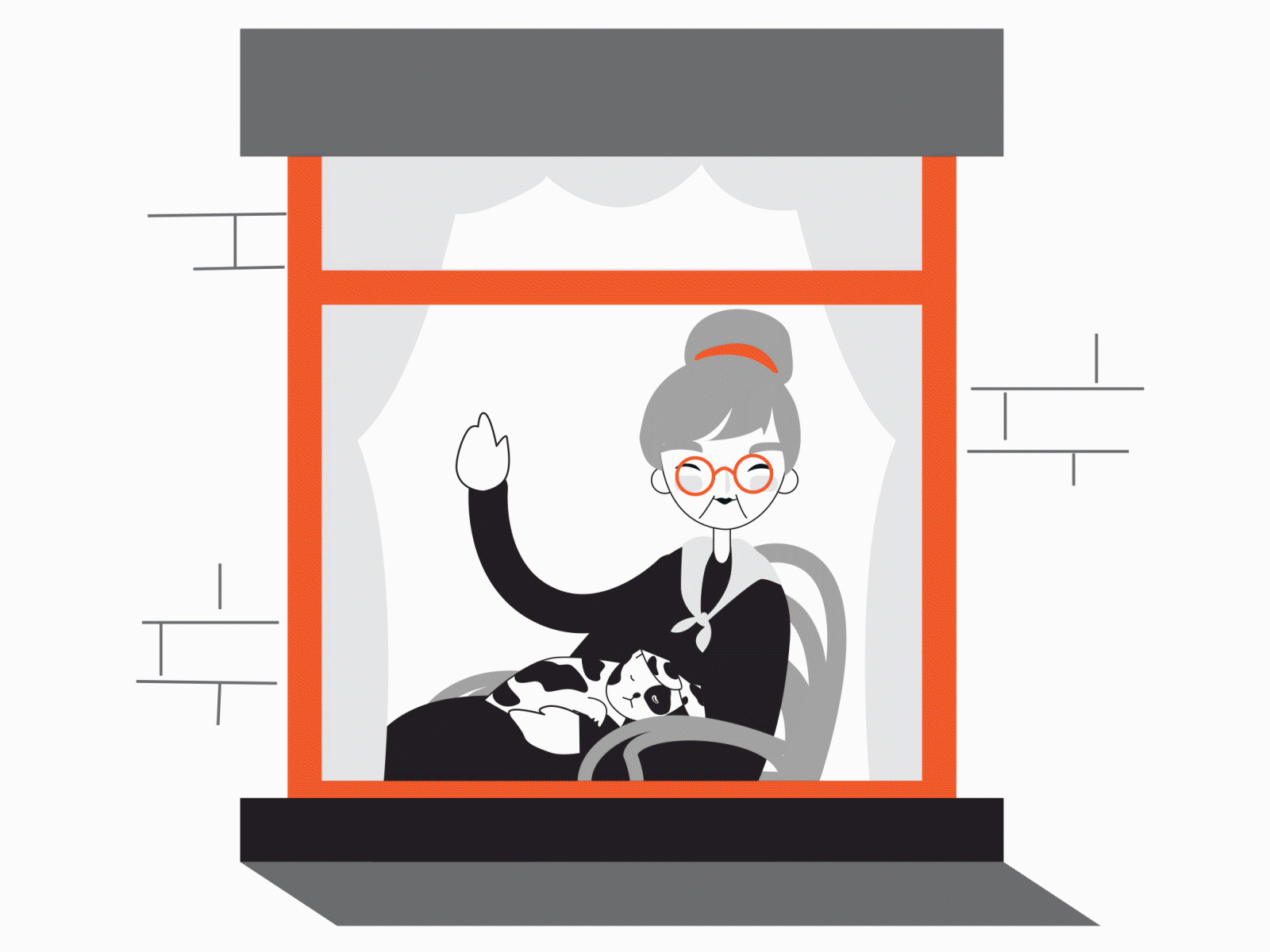 Greetings from the great indoors after effects animation character animation character design cosy design digital dog grandma grandmother grandparent granny home illustration indoor lottie lottiefiles nonna svg window