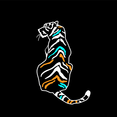 Neon tiger black contour cyan design digital art hand drawn illustration orange tiger