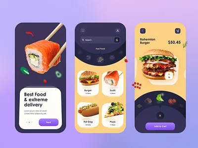 Food Service App android burger creative delivery delivery app desert food fast food food food app food delivery app food parcel illustraion ios ios app landing page minimal pizza ui design user interface ux design