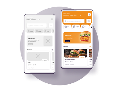 Food Delivery App - Wireframe & Mockup app blue burger casestudy clean delivery design food icon inspiration minimal mobile mockup orange logo pizza ui ux wireframe