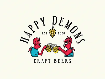 Happy Demons beer label beer logo brewery brewery logo brewing company cartoon logo cartoonist craft beer demons digital illustration emblem fun design fun logo hand drawn happy happy demons humor logo humorous illustration illustration art playful logo