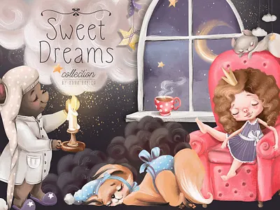 Sweet Dreams Collection animals bears bunnies clipart collection cute design design elements dream dreams foxes girl girls graphic graphic design graphics pattern patterns poster vector