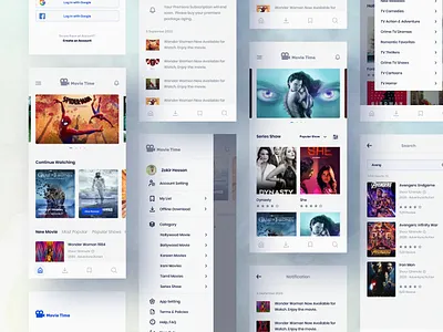 Movie Time - Online Movie Watching App (Part - 2) category cinema clean download filter imdb kit menu minimalistic mobile app notification search series show theater tv shows ui8