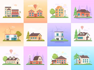 Flat cottages collection architecture building city collection cottage design flat design home house illustration style suburban town vector
