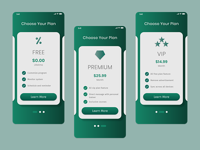 Yoga app choose your plan concept app design fitness free green icon navigation popular premium slide ui uiux uxdesign vip yoga