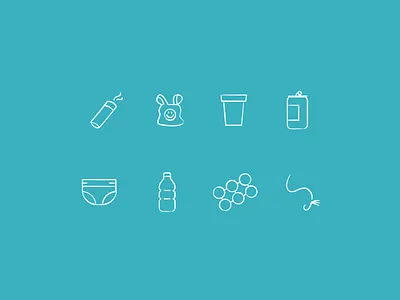 Ocean Debris Icons can cigarette butt design diaper fishing line illustration line art ocean debris plastic bag plastic ring holder pollution stylized styrofoam cup water bottle
