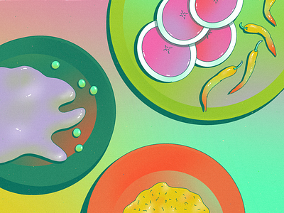 StillHereStillLife Week 23 chickpea daikon dinner dinnerware garbanzo glow hummus jalapeno neon peppers plate procreate radish shine shiny spicy stilllife surreal table watermelon