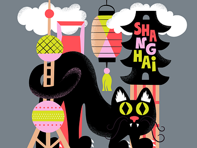 Shanghai Meow cat city illustration colorful cute flat color fun illustration leena kisonen map illustration meow scandinavian shanghai travel illustration urban urban design