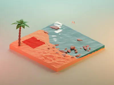 Big Sur 3d beach blender illustration isometric light low poly low poly palm render rocks scene sea sunlight waterfront