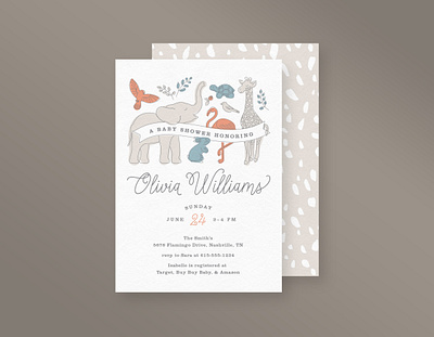 Zoo Animal Baby Shower Invitation animals baby shower blue brown coral gender neutral handdrawn illustration invitation print