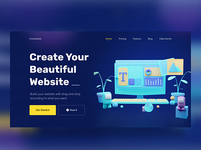 CreateWeb landing page 3d 3d art blue design illustration landing page design minimal service ui web website