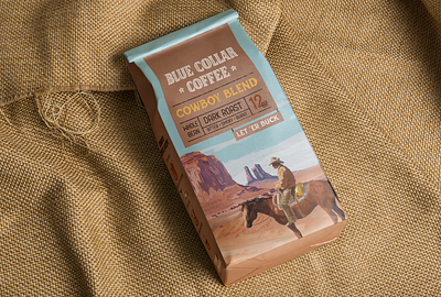 Blue Collar Coffee Cowboy Blend Packaging badge branding coffee coffee bean coffee shop cowboy design hand lettering illustration lettering packagedesign packaging packaging design procreate typography