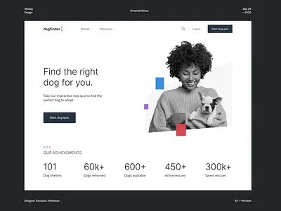 Dogfinder Homepage 2020 trends animal branding desktop dog home page landing page light theme minimal modern design pet shelter pets photography product design quiz search squares stats typography web design