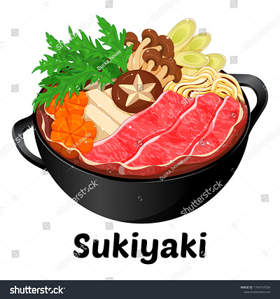 Sukiyaki recipe instant pot iilustration vector. anime cartoon food illustration hot pot japanese food meal pork shabu sukiyaki vector