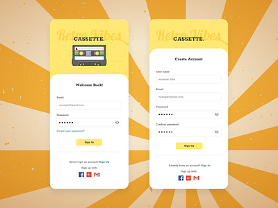 Cassette Retro Music App - Sign In & Sign Up app design flat minimal ui ux