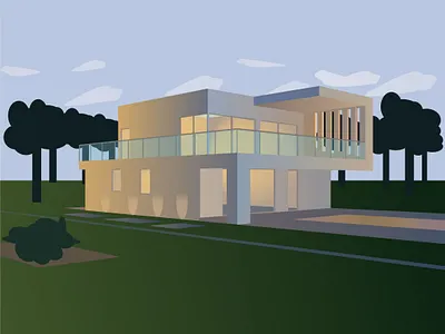Illustration of a modern two-story beautiful building beautiful building evening home illustraion perspective sweet home vector vintage