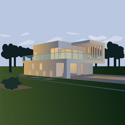 Illustration of a modern two-story beautiful building beautiful building evening home illustraion perspective sweet home vector vintage