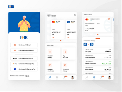 [Figma Link] CIB Mobile Banking App - Redesigned! app bank banking bonus cash commercial international bank credit debit figma gifts home login mastercard mobile money my cards transaction visa