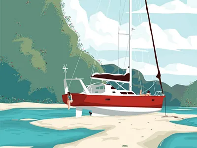 Standby beach boat flat illustration river sail sea vector
