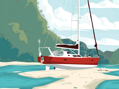 Standby beach boat flat illustration river sail sea vector