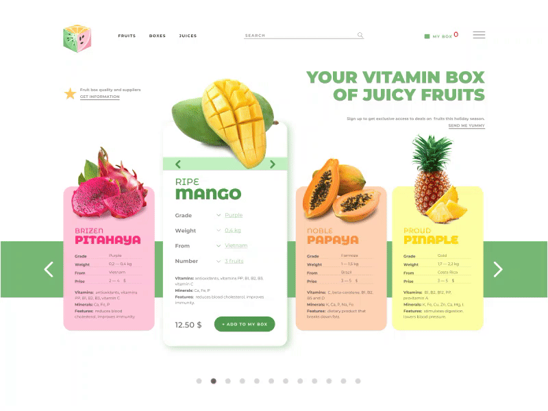 Fruits Box service animation design e comerce figma design fruits homepage ineraction design inspiration interface online shop product prototype ui ux vitamins web web design webdesign website website design