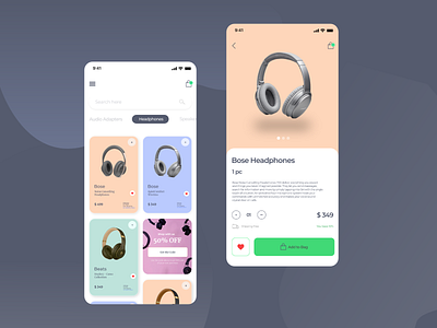 Headphone Shopping App add to bag add to basket app app design audio audio adapters beats blue bose clean clean ui curved headphones modern pink selling selling shotes speaker