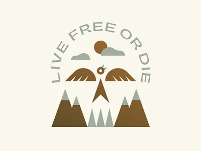 Live Free or Die badge bird icon lockup logo mountains nature outdoors patch skull sun trees typography