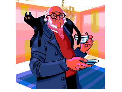 Teatime with friends black cat buildings cat design digital flat hand illustration people portrait portrait illustration primary colors texture vintage vintage style