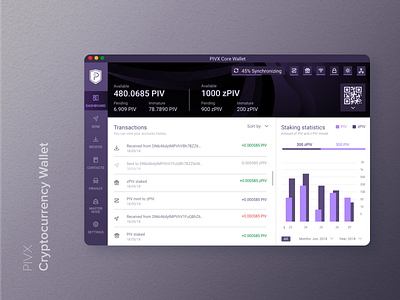 PIVX - Cryptocurrency Wallet crypto cryptocurrency desktop app navigation bar rows statistic status bar uidesign wallet wallet app