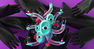 HANDS&FLINK 3d 3d modeling abstract app arms bubble c4d debit card design diamonds digital art eyes finance hands illustration notification octane render purple stock market texture