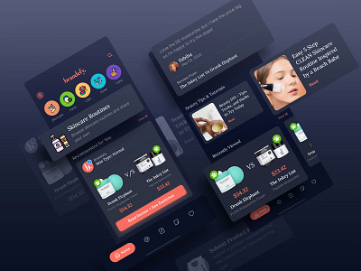 Brandefy | Dark Mode app design beauty app blog comments makeup mobile app mobile app design mobile design mobile navigation mobile ui navigation bar products redesign concept review ui ui design visual design