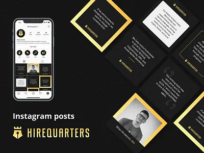 Instagram posts for Hirequarters! 🖋👑 black branding clean design design feed gold graphicdesign icon illustration instagram instagram post instaram feed minimalism post poster design typography vector yellow